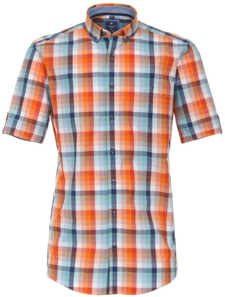 REDMOND Übergrößen Kurzarmhemd 1 Brusttasche Orange/Weiß/Blau kariert 2XL-8XL Comfort Fit